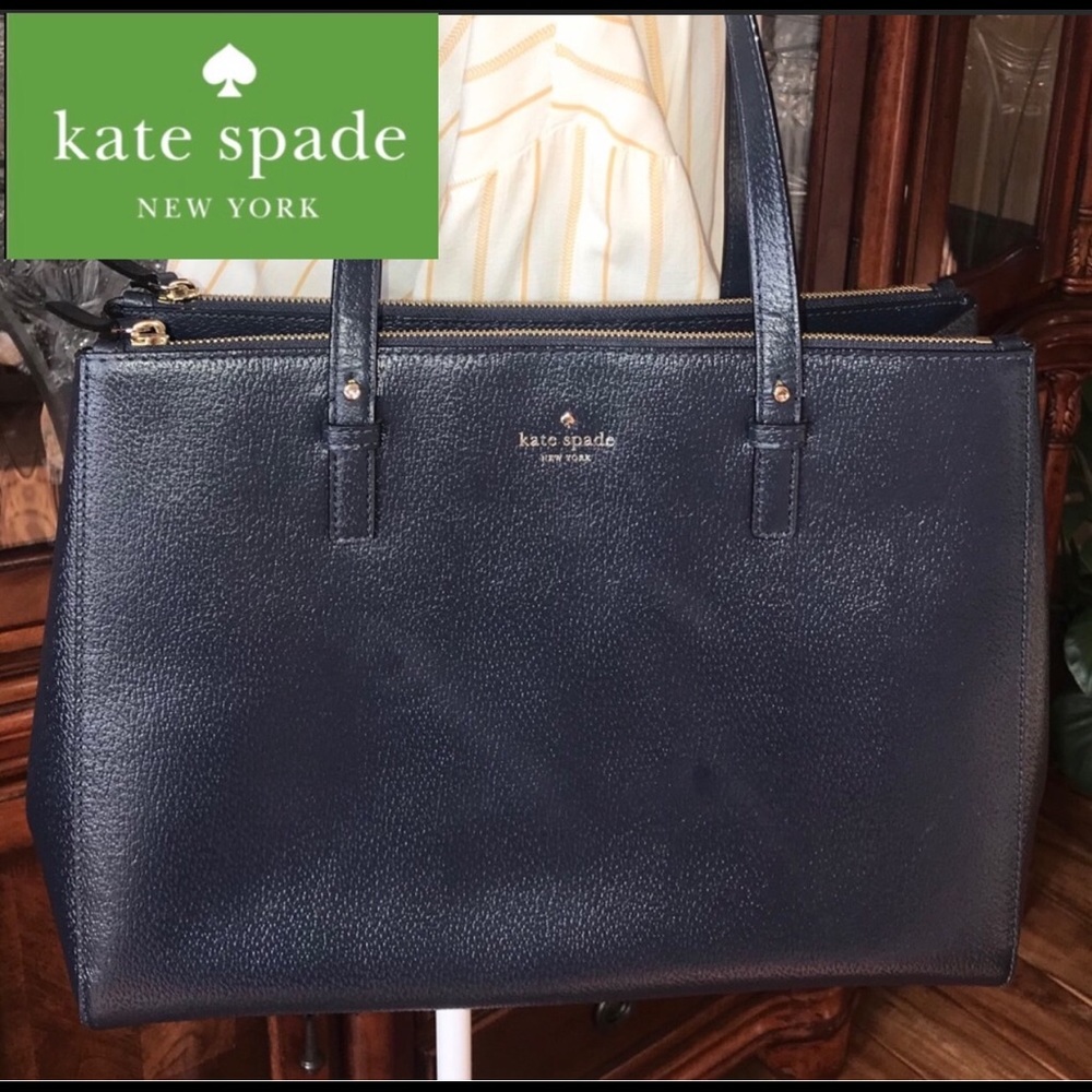 Kate Spade Large Navy Blue Tote Bag Double Zip EUC